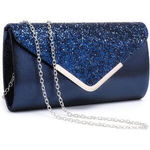 Women's Blue Formal Clutch Handbags with Shoulder Strap and Glitter Flap